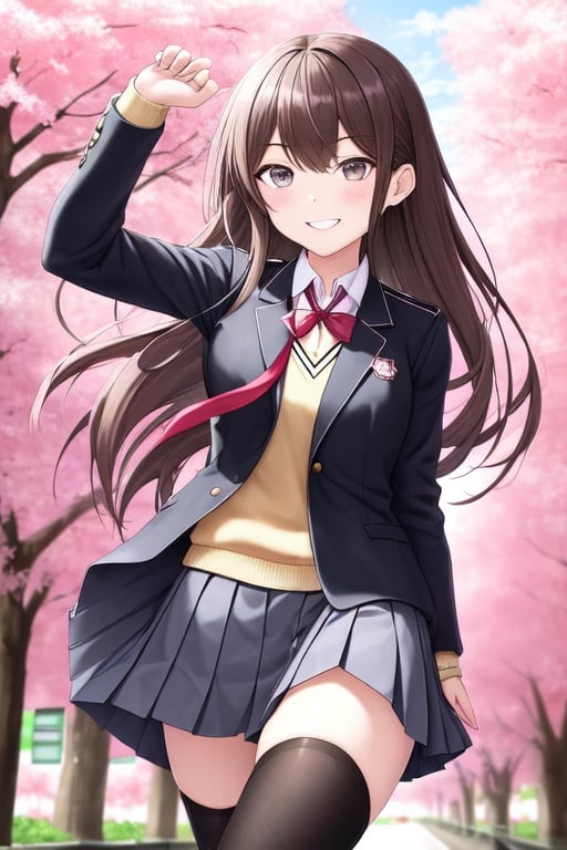 Image of 1girl, solo, walking, brown hair, grey eyes, school uniform, thighhighs, cherry blossoms, evil smile