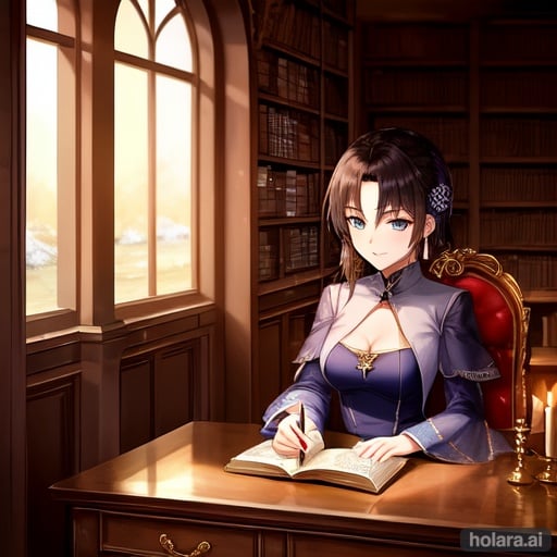 Image of In the evening, in a library in a castle, it was snowy outside.
BREAK
A female character was wearing a silk dress and reading a book.
BREAK
There was a candle (on the desk :1.6).

