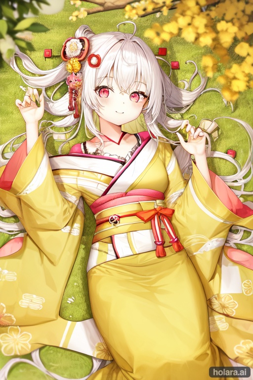 Image of 1girl, solo, cute+, lying, on back, white hair, pink eyes, grin-, curly hair, very long hair, kimono++, zipper, outdoors