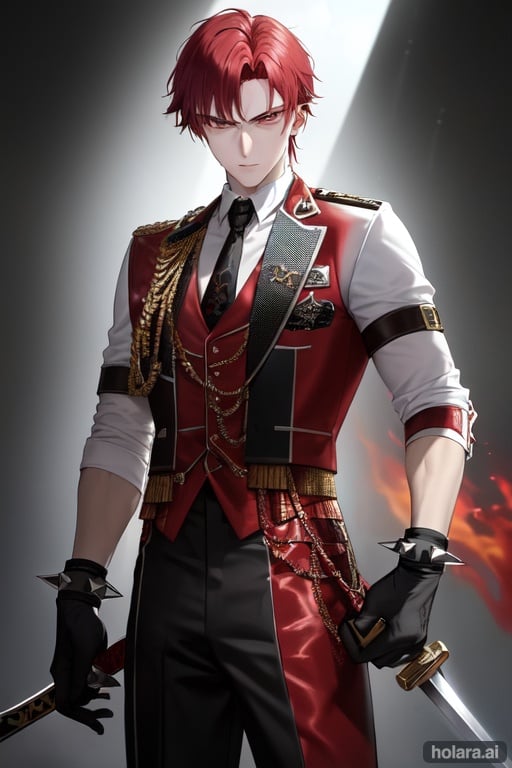 Image of Serious young man with raised red hair and a light complexion. His age is between 22 and 26. With an athletic build and with burns on his right arm, he wears a closed red and black vest printed with silver flames. held by straps. He has a military badge on his neck and in his right hand he holds a Kriss sword. He wears black gloves and a bracelet full of sharp spikes.