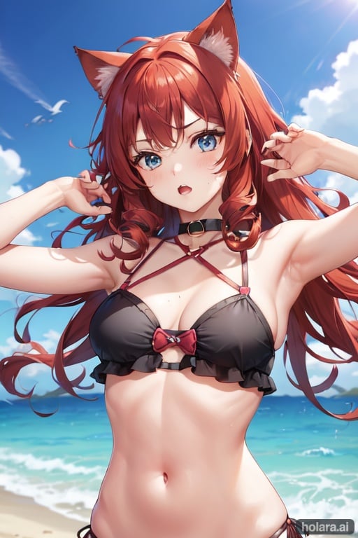 Image of 1girl, solo, jumping, red hair, blue eyes, curly hair, (cat ears)++, crop shirt, bikini bottoms, choker, neck ribbon, beachball