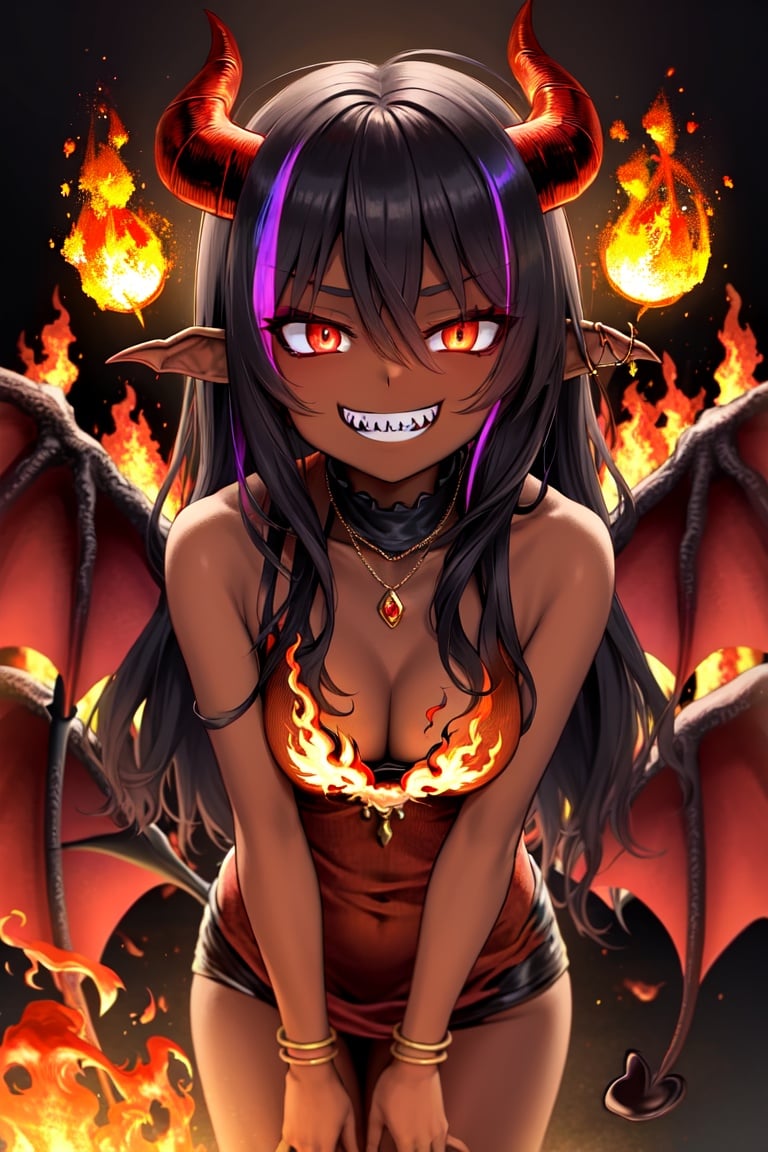 Image of "(highest quality)", "(highest quality)", "(super detail)", "(hell)", "red haze+,"(fiery glow)++", "(standing picture)","(girl)", "(jewel-like iridescent eyes)+", "(iridescent sheen)+", "(flames)", "(fire)+", "(volcanoes)", "(colorful)", "(demon)+", "(village on fire)+", "(cleavage)+",chocolate colored dark skin+,demon wings,jewellery+,fireball,symmetry+,body wrapped in flame++,demon horns+,evil grin+,fusion phoenix and girl+,demon queen,symmetrical wings,flame breath,flames, nagatoro hayase, small breast, solo girl, dark hair 