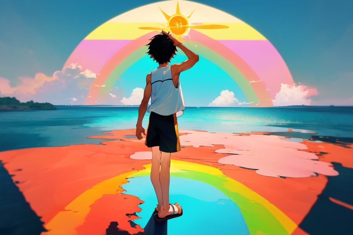 Image of 1boy, shorts, sleeveless shirt, sandals, standing up, sun symbol, standing on rainbow lake, from behind, ocean, hands behind head