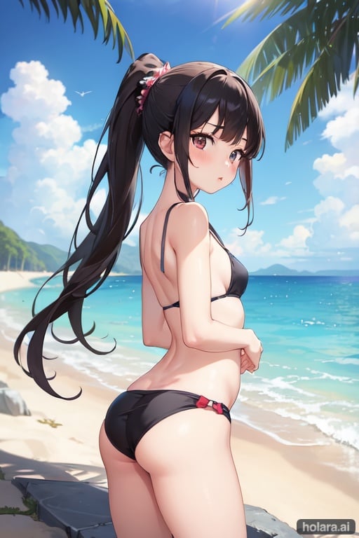 Image of masterpiece++, best quality++, ultra-detailed+3, summer, a little girl, , solo, school swimwear, beautiful black hair, beautiful brown eyes, beautiful eyes++, ponytail, buttocks, flat breast, tiny breast, ashamed