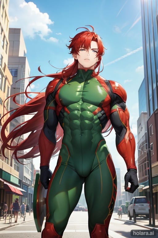 Image of muscular young man with red hair wearing a green battle suit holding a helmet standing in the city with the wind blowing through his hair