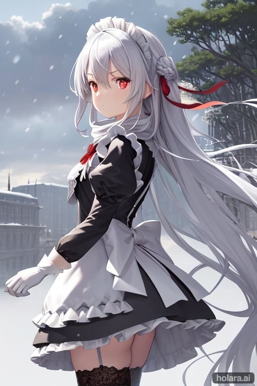 Image of from side, long hair, long sleeves, sky, hair ornament, eyebrows visible through hair, red eyes, maid, silver hair, ribbon, snowing, bow, hair between eyes, gloves, thighhighs, original, bare shoulders, very long hair, cleavage, outdoors, snow, scarf, intricate detail, cute, jewelry, fantasy, cloud, white theme, tree, scenery, day, sidelocks, frills, frilled dress, wind, floating hair, light rays, illustration, concept art, garter straps, building, looking at viewer, ornate, lace, both hands holding