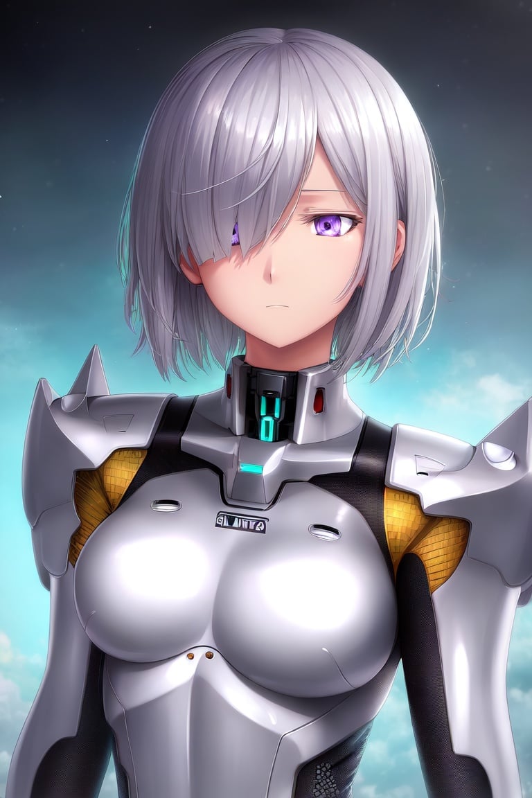 Image of best quality, ultra-detailed, high resolution, extremely detailed cg, anime picture,SF, 1mecha girl, solo, silver hair, short hair, light purple eyes, (empty eyes)++++, machine ears, expressionless+++, big breasts, latex mecha skin
