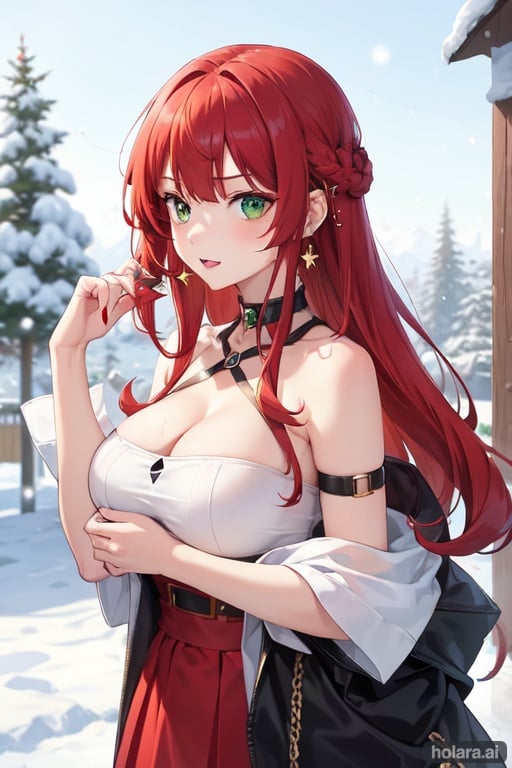 Image of girl, red hair, fringe, green eyes, piercing ear +, gamer, detailed,  jewelry, cute, snowing