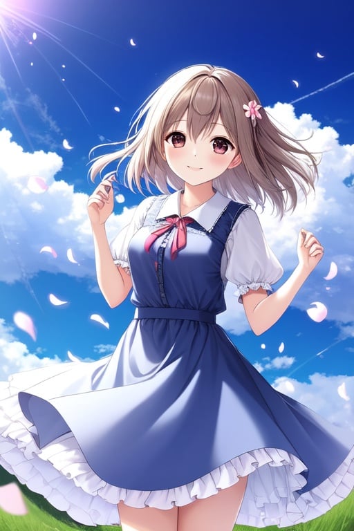 Image of solo, 1girl, extremely delicate and beautiful fabric, beautiful detailed sky, beautiful details in the wind, flying splashes, flying petals, wind