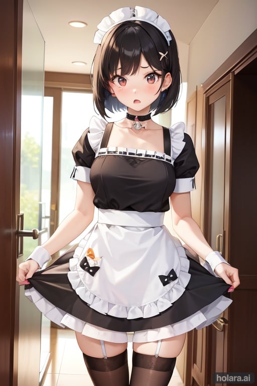 Image of maid, girl, solo, bob hair, (surprised face)+++, indoors, black hair, skirt, thigh, tights, choker