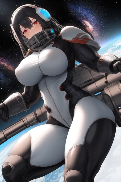 Image of 1girl, black hair, red eyes, muscular, huge breasts, thick thighs, skin tight, spacesuit, space helmet, science fiction, battle rifle, space craft, space.