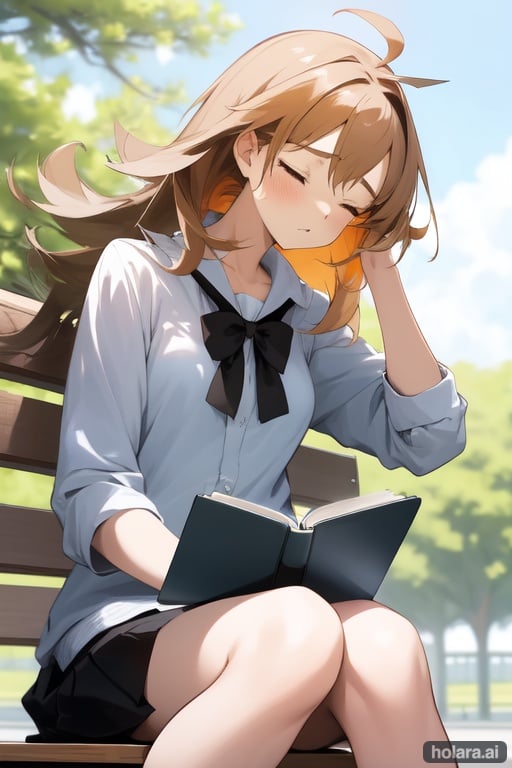 Image of Anime Female reading a book at the Park, the wind is brushing against her hair