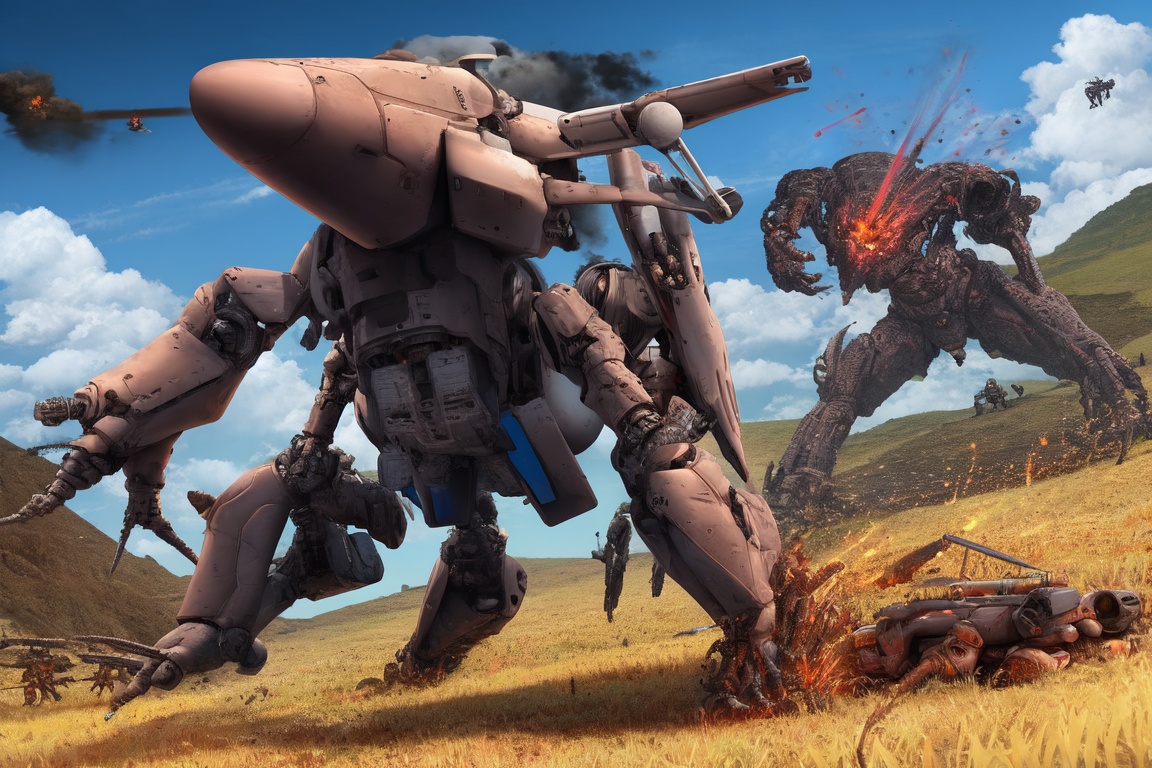 Image of battle robot from mars destroying predatory beasts of the vietnam fields