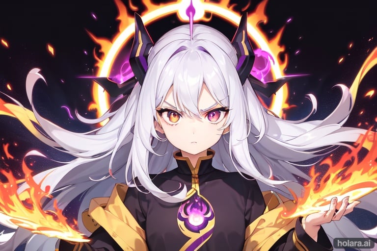 Image of mid-size hair, eyebrows visible through hair, simple background, long sleeves, hair between eyes,  silver hair, 1girl, solo, serious expression, purple flames around her left side, yellow flames around his right side. Fluid flames. Vibrant colours. purple and yellow colours,  left yellow eye, right purple eye, looking at viewer

