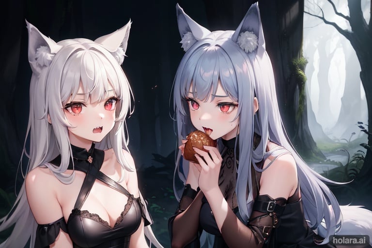 Image of 2 girl, wolf girl, dark wood background, lanscape, dark lights, dreamlike, fantasy, gray blue hair, mid size hair, open mouth, fangs, torn dress, sitting on knees, mlticolored eyes, scary face, cute face, scary eyes, masterpiece, best quality, high resolution, eating, wounded ethernal, wolves. wolf ears