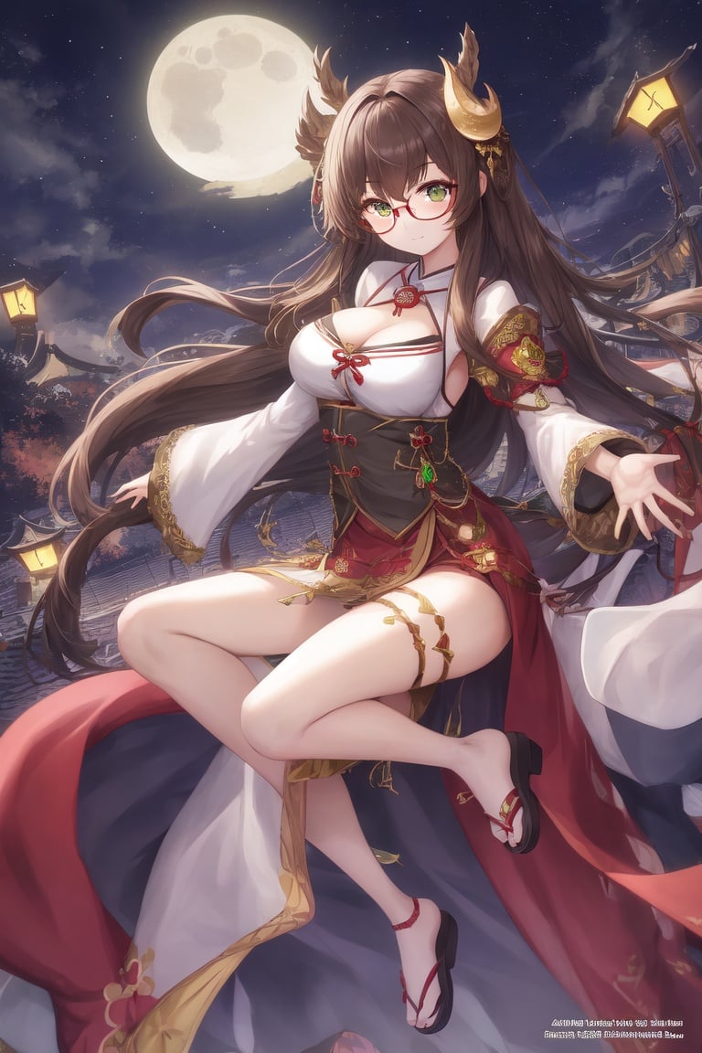 Image of absurdres, 1girl, long hair, brown hair, green eyes, gles, large breasts, cleavage, hanbok,  korean clothes, hair ornament, hair over one breast, sandals, outdoors, temple, night sky, crescent moon, looking at viewer, dutch angle, happy, full body