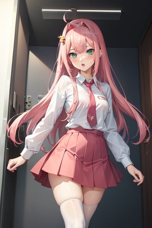 Image of Zero Two, pink hair, Green eyes, room, sweatdrop, stand up, skirt, wet shirts, open mouth, blush, walking, thighhighs
