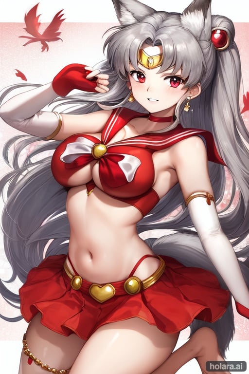 Image of a woman in a red and white dress posing for a picture, a microscopic photo by Sailor Moon, tumblr contest winner, rococo, anime, photo, wide lens 35mm girl, animal ears, barefoot, bird, breasts, silver hair, cleavage, elbow gloves, fingerless gloves, fox tail, gloves, halterneck, large breasts, leg warmers, long hair, midriff, navel, solo, tail, dark skin
