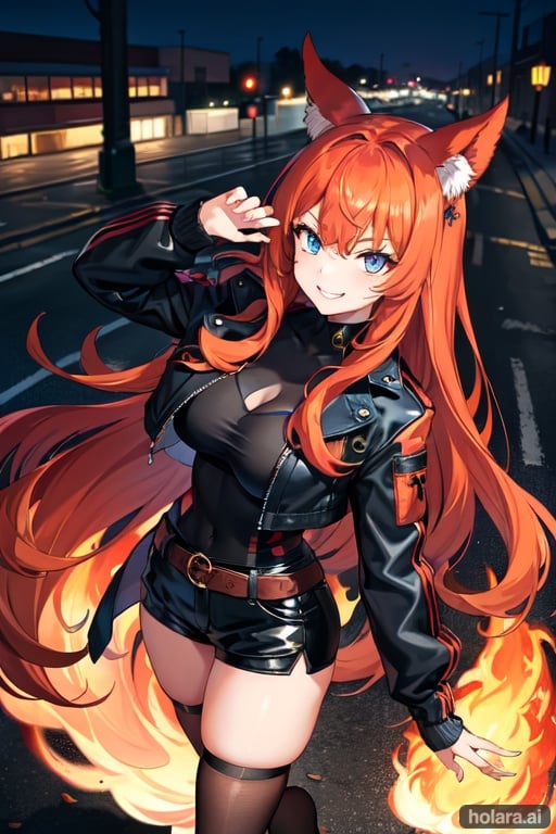 Image of (masterpiece, perfect anatomy, proper hand structure, perfect hands)++, best quality, highres, ultra-detailed, illustration, from above, outdoors, 1 girl, red hair, wavy hair, blue eyes, curvy, jacket, thighhigh, citystreets, nighttime, (thin eyebrows, toned body, tight clothes), dark and orange theme, cool, jacket, belts, shorts, dramatic shadows, fur collar, long hair, dark, crazy eyes, multicolored hair++, evil smile, complex background, Perfect female body, bangs, hair ornament, complex outfit 