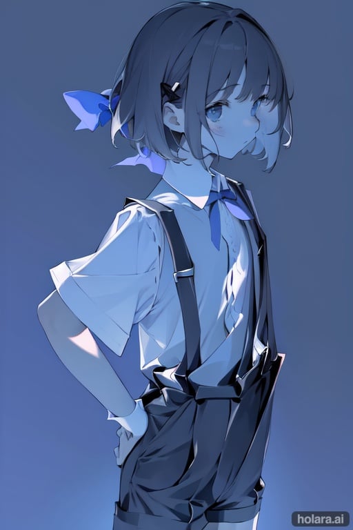 Image of 1girl, solo, fantasy, short hair, hair bow, suit, shorts, suspenders+++