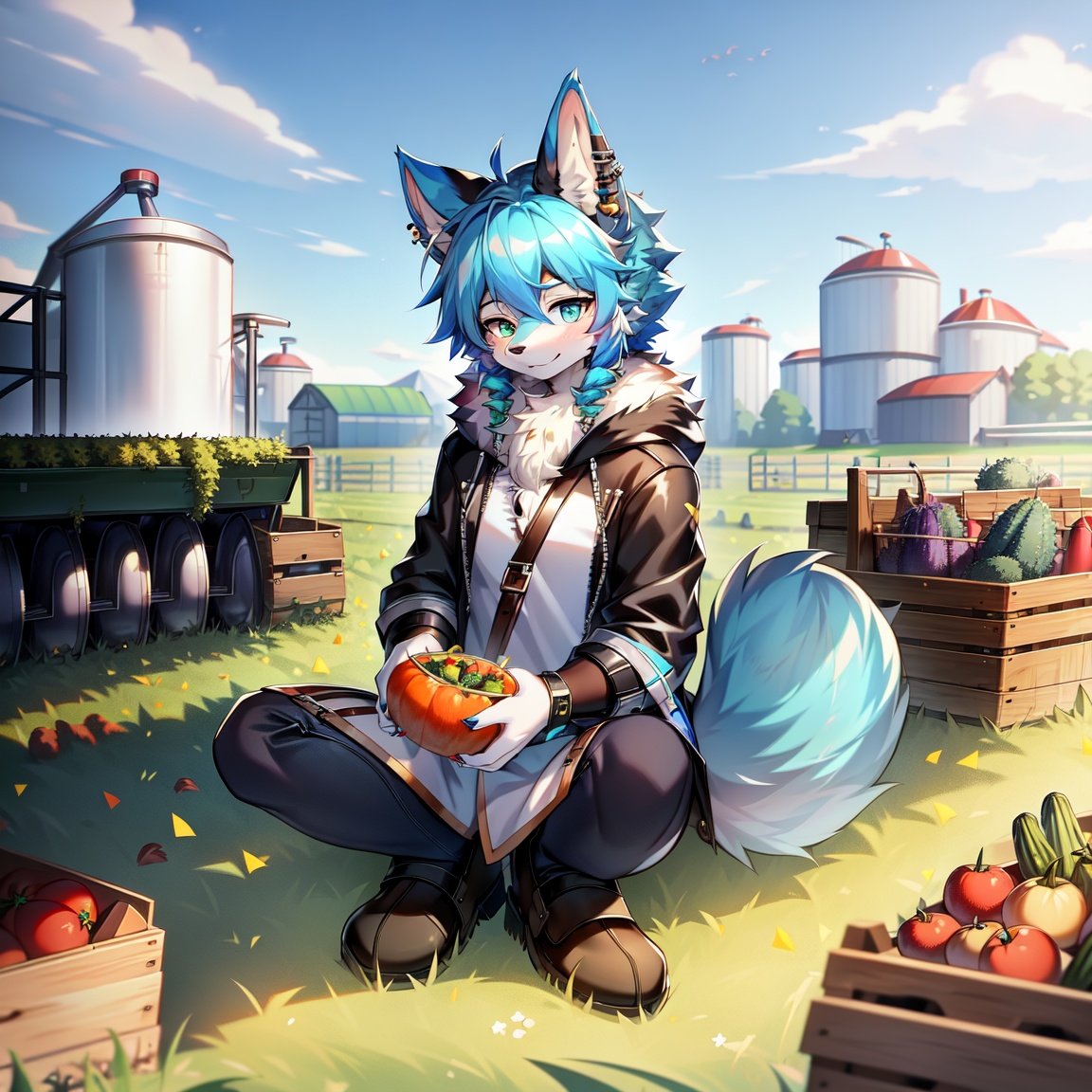 Image of 1boy, solo, sitting, blue hair, heterochromia, green eyes, amber eyes, drill hair,vegetables+, farm+++ , working, piercing, glasses--, mountain