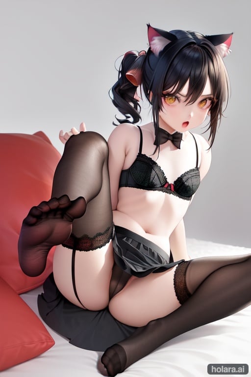 Image of NSFW, woman, solo, pony tail, medium length hair, black hair, green eyes, cat ears, cute+, petite body, thigh high socks, on sofa, legs spread+, up skirt, lace bra+, lace +, highly detailed, two legs, two arms, four fingers, 1 thumb, anatomically correct hands, anatomically correct feet, open mouth, anime eyes, anime face, cute anime face, small feet+, cute feet,feet up, underwear, thighhighs, simple background, bow
