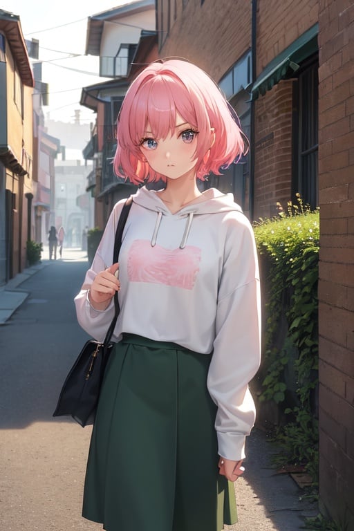 Image of short hair,pink hair,Fashionable hoodies,off shoulder:1.2, mob cap, street, best quality:1.2), 1girl, sologirl girl perfect girl bealtiful european babe european girl European model Italian italian girl ,masterpiece, highest quality)、(shining eyes), ((one young man)),((cool boy)), (dark back alley)、(downtown at night)、beautiful anime, cene design，Fantasy World.((Sargent style watercompressionist style painting、(highest quality、masterpiece)、soft light、Countryside painted on a foggy morning、soft light、view of the cotswolds,old farmhouse、stream、flowers bloom、one woman、dark brown hair、braided hair、White blouse and long skirt、picnic、hold a book in hand、take a walk、