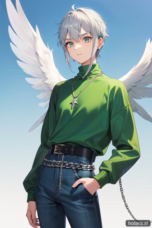 Image of Albertville, male, green buzz cut with small spiked tip, wearing foot long blue jeans with a white belt and silver chains and a white hooded sweater with black blocks, and small white feathered wings, best quality, masterpiece