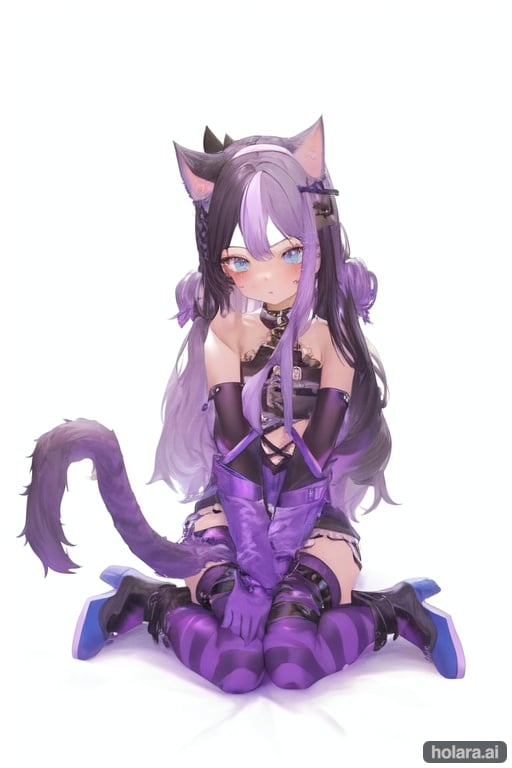 Image of (masterpiece), best quality, expressive eyes, perfect face, full body, 1girl, a girl is sitting cross-legged on the floor wearing a purple and black outfit, multicolored hair, colored inner hair, two-tone hair, purple hair, black hair, long hair, 1girl, solo, animal ears, animal hands, tail, cat ears, cat tail, blush, long hair, blue eyes, bare shoulders