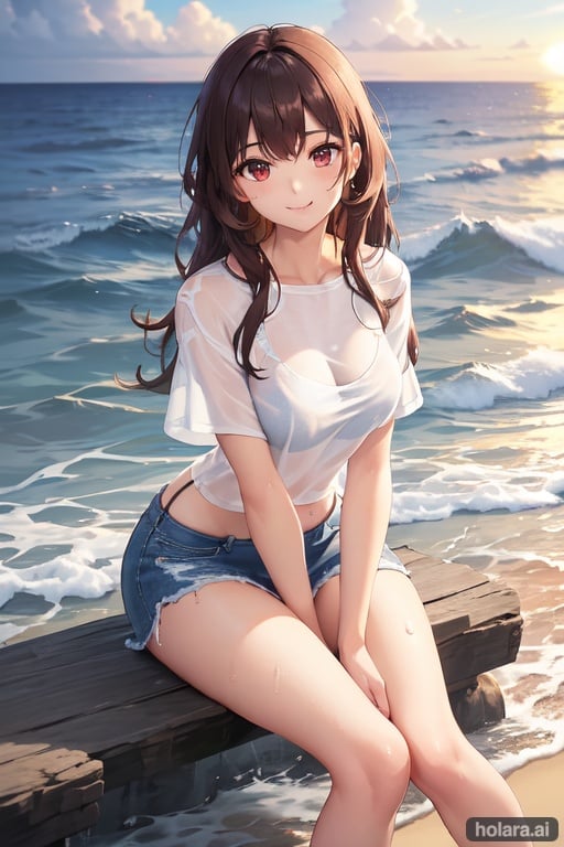 Image of Beautiful sea at sunset, waves dyed by the setting sun, calm and quiet waves, one very beautiful woman sitting on the beach looking at you, smiling, beautiful eyes, long brown hair, (( the woman's face is Beautifully detailed)), wet and shiny, wet white T-shirt, denim mini skirt, bare feet, beautiful legs, ((masterpiece)), ((highest quality)), ((high resolution 16k)), ((The background is realistic and beautiful finish)),