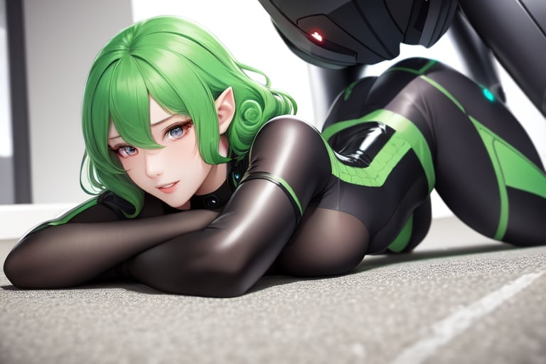 Image of 1 girl lying on the floor body up, alone, green hair, ruby eyes, curly hair, pointy ears, tech fantasy clothing