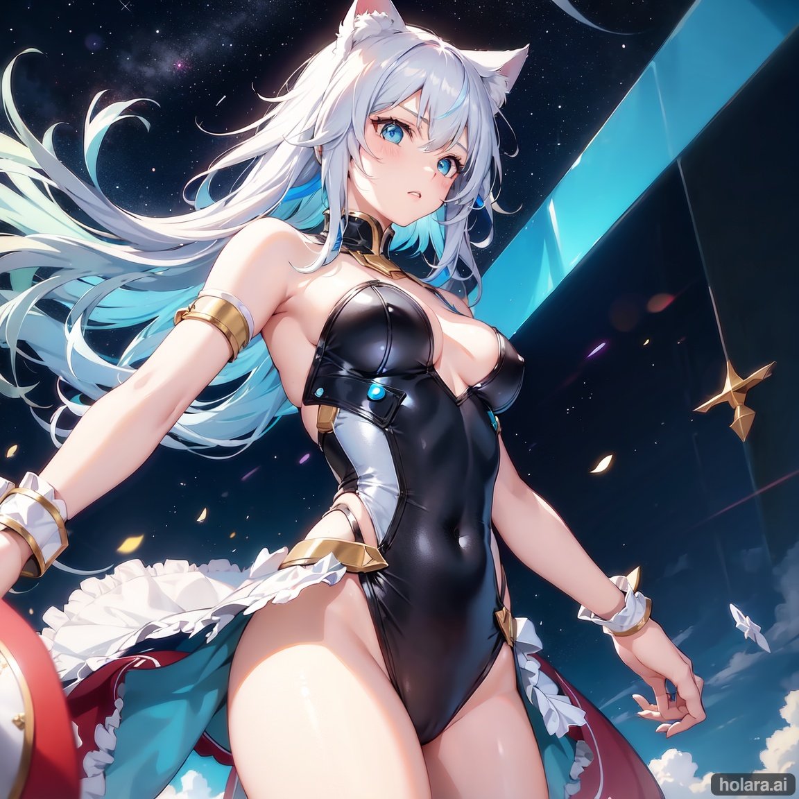 Image of 1girl, solo, arm support, from below, multicolored hair, white hair, (blue hair)-, aqua eyes, hat--, cat ears, leotard, mountain