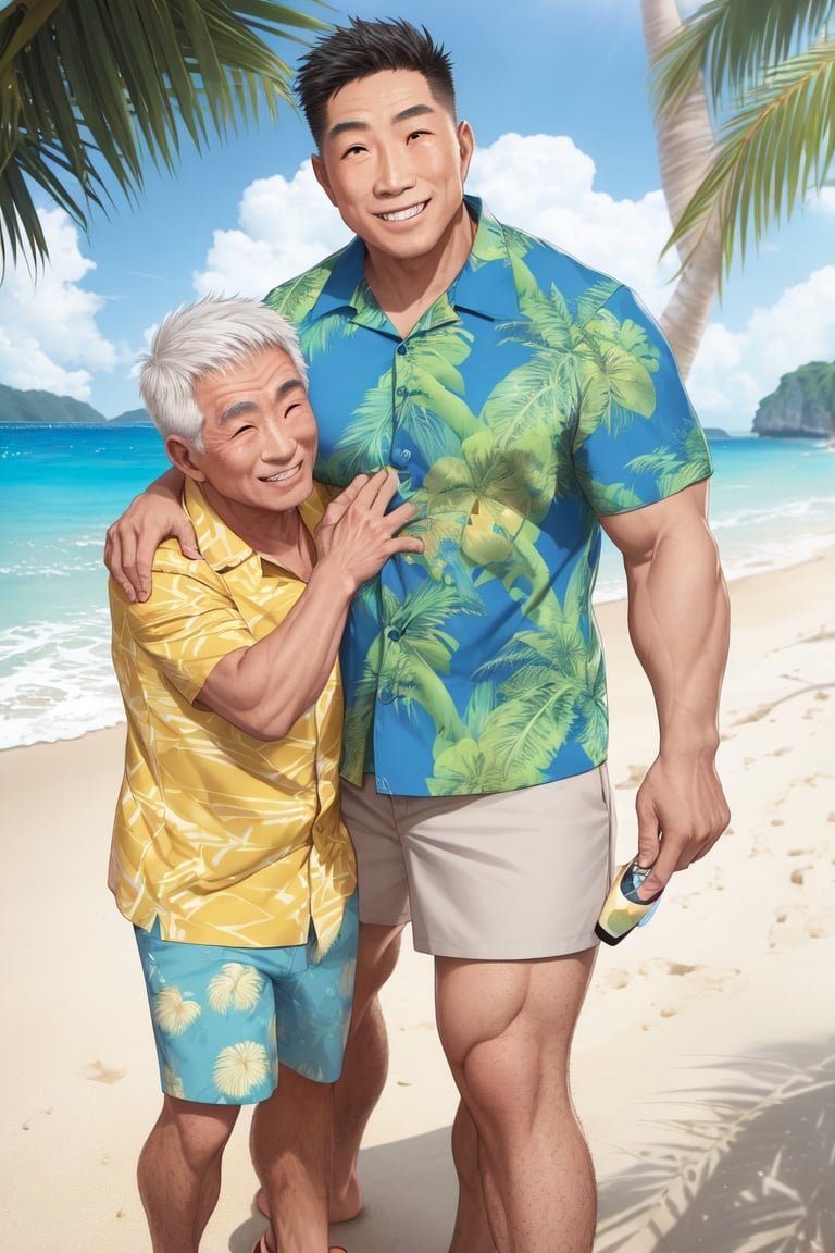 Image of 2men, old man, Asian man, muscular, confident smile, blush, shaved sides, muscular, yellow tropical print shirt, blue shorts, sandals, smiling, beachside cafe, looking at viewer