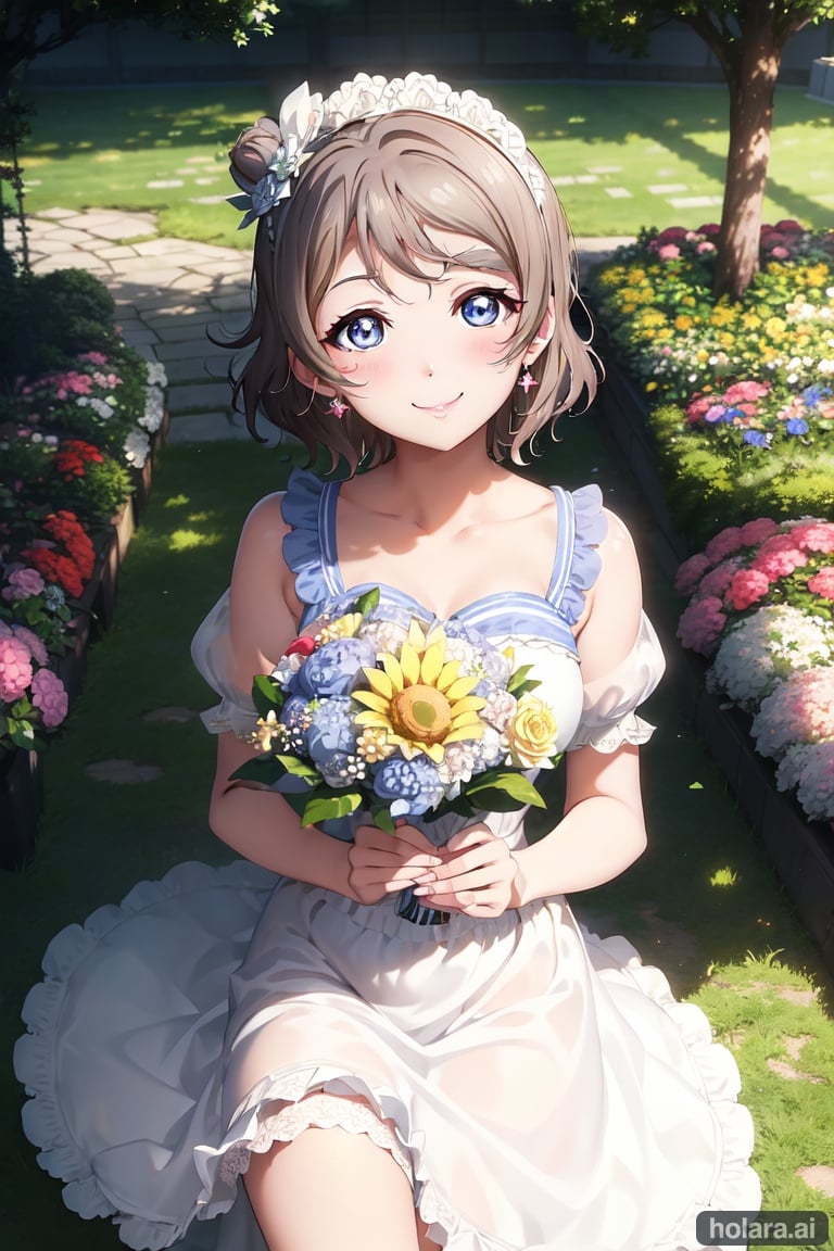 Image of masterpiece++, ultra-detailed++, pixiv++, best shadows++, best lighting++, best quality++,(watanabe you)+++,(lovelive sunshine)+++,(white clothes)++,(blue eyes)++,(white hair)++<maid,1girl, solo,(smile)++, short hair,)+++,blue eyes, jewelry, frills, hair ornament,butterfly hair ornament, hair flower, Princess,headdress,red eye shadow,looking at viewer, bow,earrings, bouquet,garden+++, , 