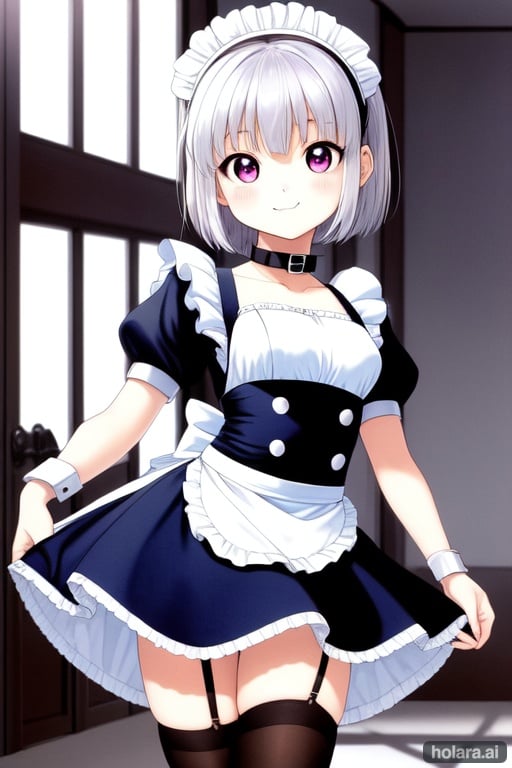 Image of 1990s, (little girl), cute anime face, light smile, :3, maid, miniskirt, handcuff, collar, white hair, middle hair, hair intakes, castle, indoors,
