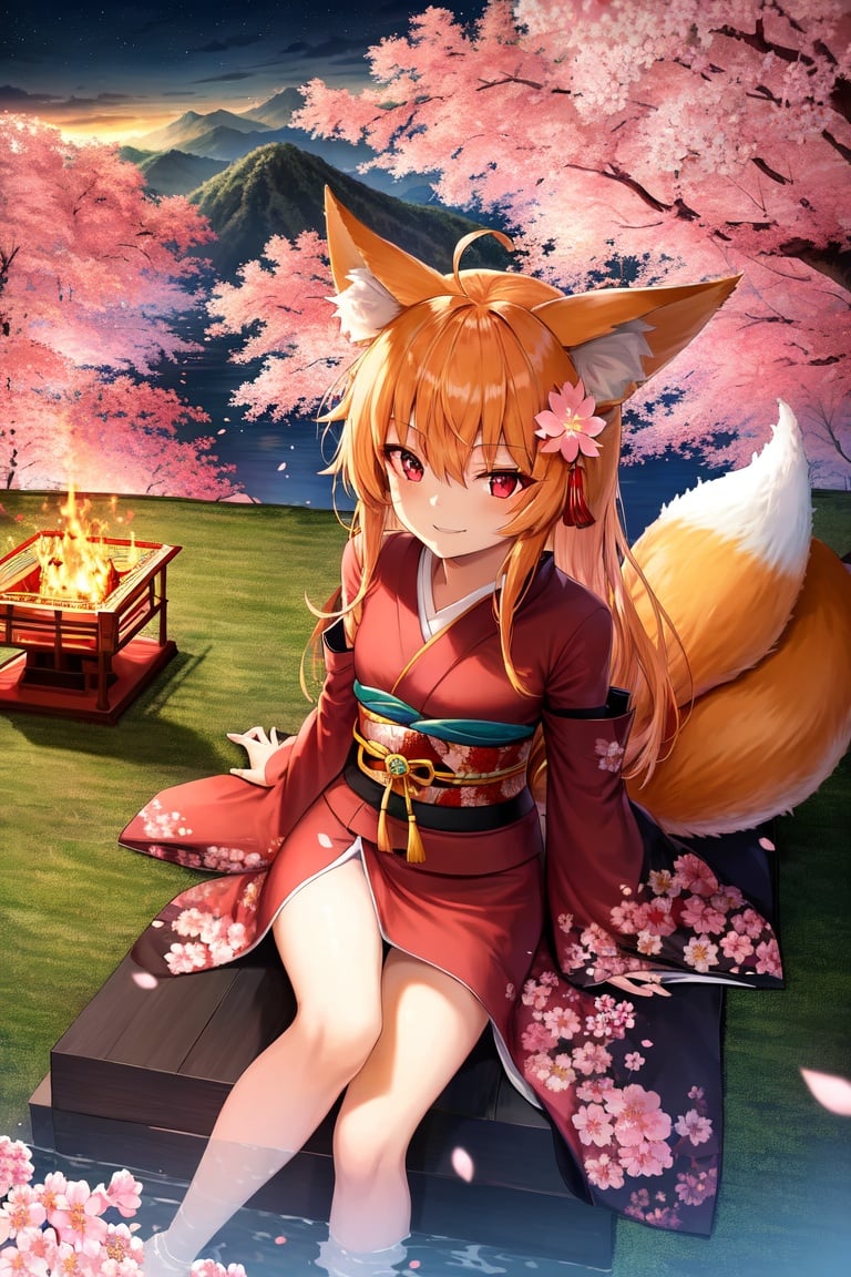 Image of Masterpiece+++, best quality++, 4k+++, 8k+++, beautiful, cute++, cute face+++, petite++, 1girl, kitsune, foxgirl, fox ears, fox tail, mask, solo,, long hair, pale orange hair, ahoge, long bangs+, double-parted bangs, ribbon bangs+, messy hair, beautiful detailed hair+, red eyes, beautiful detailed eyes+, eyebrows visible through hair, evil smile++, light smile, beautiful landscape++, outdoors, night, fire++, fantasy+, mountain, shrine++, sakura++, sakura petals++, water, leg up, kimono, barefoot, bow, hair ornament, lying on back, stretching, looking at viewer, light effect++, cinematic lighting++, wind effect++, eye focus++, from above+, vivid color+, red tones++