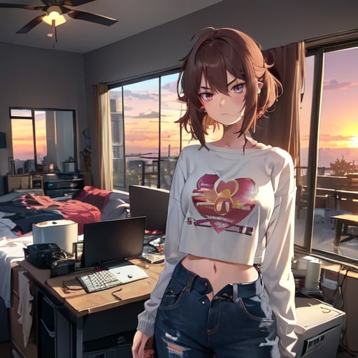 Image of 1girl, annoyed++, being scolded++, brown hair, highly detailed++, {playing video games on computer}++, streamer++, perfect face, messy medium hair+, messy room++, messy living room with kitchen++, trashed room+, wearing shirt exposing midriff, naval, artistic++, sweater around waist++, sweater-, gold eyes+++, pencil sketch++, {{arms at hips pose}}++, vape pen, {blowing smoke}++, flat colors++, sunset+++
