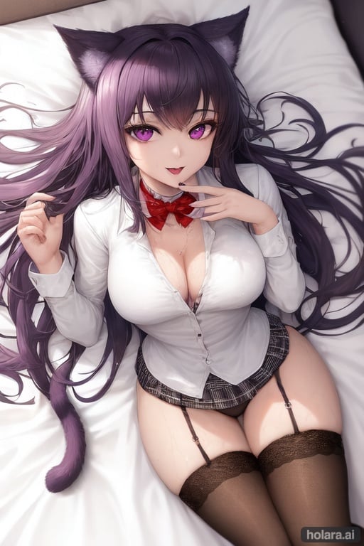 Image of (masterpiece), best quality, perfect face, expressive eyes, ultra detailed, beautiful woman, 1 girl, light skin, medium breasts, purple eyes,(pov to viewer), (pov from above), (school clothes), ahegao face look, wide smile, superwet, ( lying down on bed), (skinny body), cat ears, stockings,