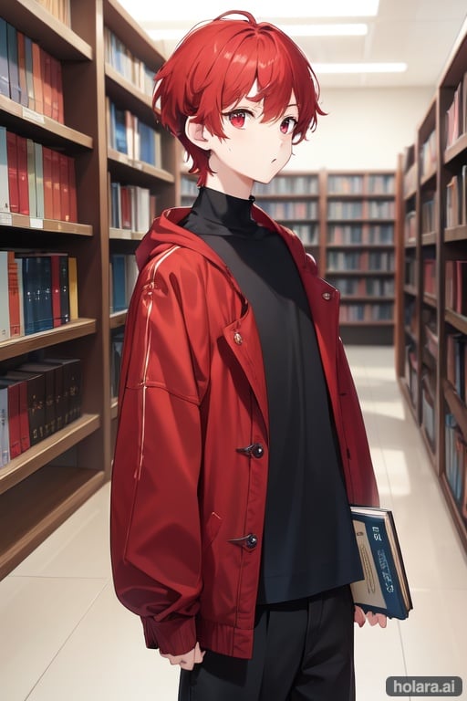 Image of 1boy, male focus, cute, short hair, light red hair, dark red eyes, oversized clothes, looking at something, library scenery, holding a book