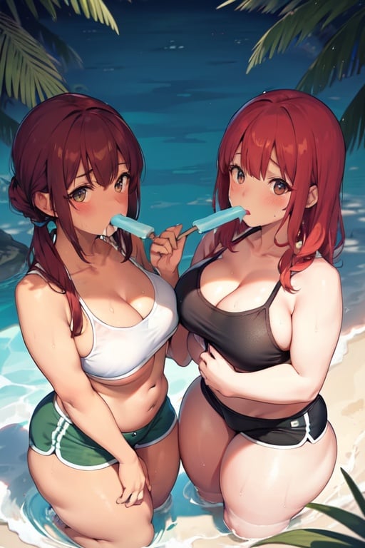 Image of 2girls, soft lighting, from above, bikini tops, athletic shorts++, popsicles++, thick+++++, wet++, camp, looking at camera, pressed together, kneeling, red hair, chests pressed together+++, anatomically correct hands, 