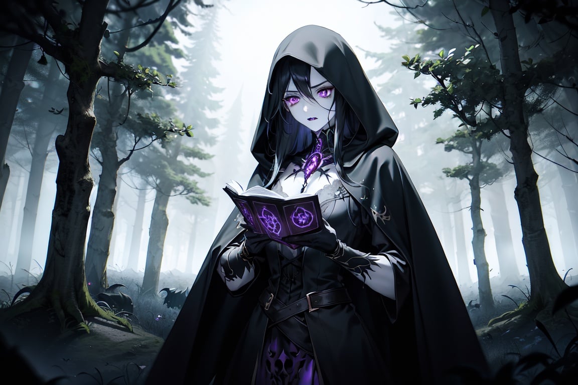 Image of Male, best quality, masterpiece, ultra-detailed, illustration,1 character, necromancer, dark and eerie atmosphere, pale skin, long black hair, hooded cloak, glowing purple eyes, skeletal hands, ancient spellbook, floating skulls, eerie green fire, moonlit graveyard, misty surroundings, mystical symbols, moonlight shining through trees, ominous presence, dark magic, summoning undead creatures, hauntingly beautiful, intense expression, dramatic lighting, gloomy and gothic, haunting melodies, ethereal atmosphere, chilling aura