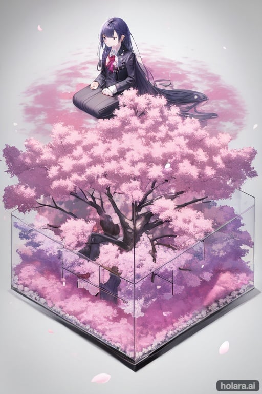 Image of 1girl, solo, sky+++, sitting, seiza, from below, drill hair, very long hair, suit, buttons, piercing+, cherry blossoms