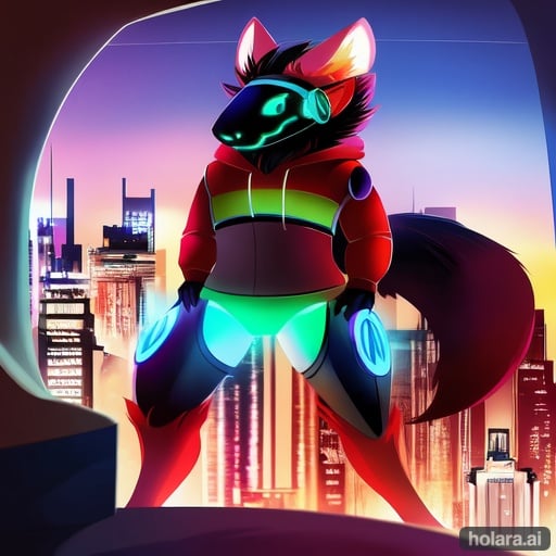 Image of A futuristic protogen with a sleek metallic body wearing a vibrant, neon-colored hoodie. The hoodie features intricate circuit designs and glowing accents that match the protogen's luminescent eyes. The protogen stands confidently against a backdrop of a sprawling cyberpunk cityscape, with glowing holographic advertisements illuminating the scene. The composition emphasizes the protogen's dynamic pose, portraying a sense of curiosity and adventure. The lighting creates a dramatic contrast between the protogen's illuminated features and the atmospheric shadows.