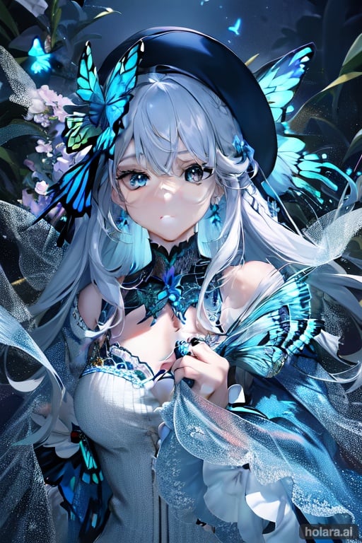Image of masterpiece++, ultra-detailed++, pixiv++, best shadows++, best lighting++, best quality++, cinematic shot, rim lightning, 1girl, jewelry, solo, blue eyes, hair ornament, looking at viewer, ring, braid, bangs, blue nails, flower, blue butterfly, earrings, white hair, hair between eyes, blue flower, butterfly, parted lips, nail polish, bug, long hair, butterfly hair ornament, hair flower, hat, blush, crossed bangs, blue theme, portrait