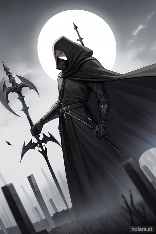 Image of 1man+++, white mask++, featureless mask+, dark gray cloak+, holding, halberd+, big shield, black gloves, black boots, dutch angle, black eyes, d&d, grave domain cleric, edgy, night, big moon, standing, alley, chainmail, black hair, long hair, original, two-handed,