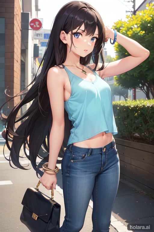 Image of 1 girl, dark hair, straight hair, small breasts, light skin, short jeans, tank top, happy, bracelet on wrist, blue eyes, full body, young, detailed face, in love
