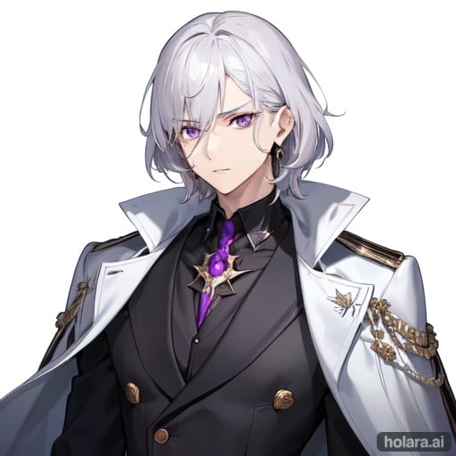 Image of one white male, shoulder-length silver hair, purple eyes, blind in one eye, burn scars from right cheek to forehead, masculine face, black suit with flared sleeves, cape, semicircle earrings ++