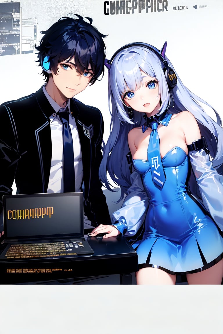 Image of (plastics dress)+++++, ( couple, gentle man)+++, (middle breast)+, (cyborg mecha girl, impossible clothes)++, (stylish angle)++++, (necktie)+++, jitome, (typography industrial Design headphone)++++, (future (computer)+++ cityscape)+++, (cute loli)++, (cropped bangs)---, (braided bun)--, (drill hair)--, (lower bobbed hair)++, braid, (Twin tail)+++, (pony tale)+, (look at viewer)+++, (open mouth smile)+++, ((((((((in heat, wide eyes, blush))))))))), (detached sleevs, very wide sleeves)++++++, (mecha school uniform)+, (blue mecha corset miniskirt)++++++, (((((((((erectile bare s)+++, ()+)))))))), (1 cyborg android middle chest loli)++++, (masterpiece, (excellent finely detailed, best quality), ultra-detailed), (stylish angle)+, (gleaming skin)+++++, glow eye, (eyes highlight)++++, tsurime, ((((choker)))), (black gloves, slobber, material texture), (beautiful light effect)+++++, (beautiful scene)++++++,