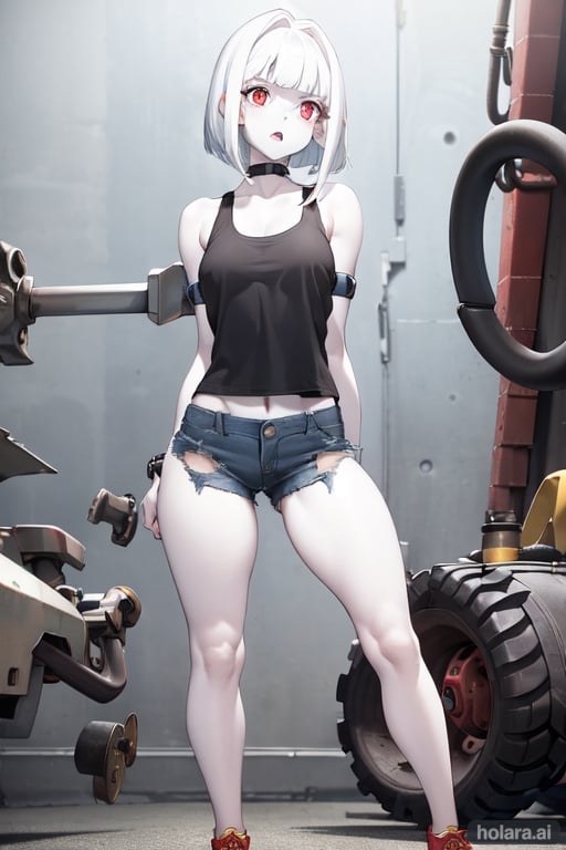 Image of high detail, girl, solo, 1girl, robot girl, mechanic body, (white skin)++++, bob hair, blunt bangs, (beautiful face)++, (white hair)++, (red eyes)++, (beautiful eyes)++, cyber punk city, outside, neon city, gloomy, medium breasts, white jacket, open jacket, short pants, jeans, red sneaker, (thick thigh)+, (thin calves)+, (long legs)+++, tall++, waist, belly button, bracelet, (mechanic arms)++++, (mechanic legs)++++, standing, iron collar, black tank top, knees, open legs, (surprised face)+++, (confused face)+