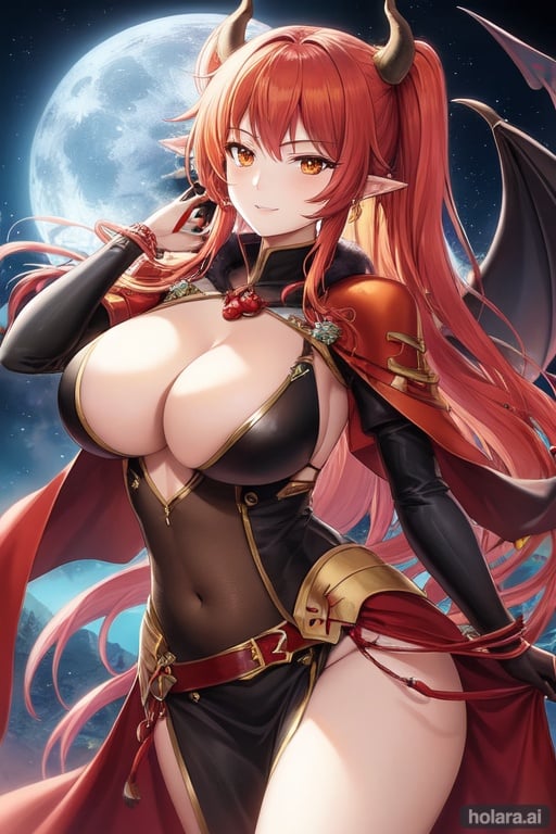 Image of best quality, ultra-detailed, high resolution, extremely detailed cg, anime picture,Fantasy, red moon, 1 woman, demon king, red and orange hair, golden eyes, provocative black armor, big breasts, captivating smile